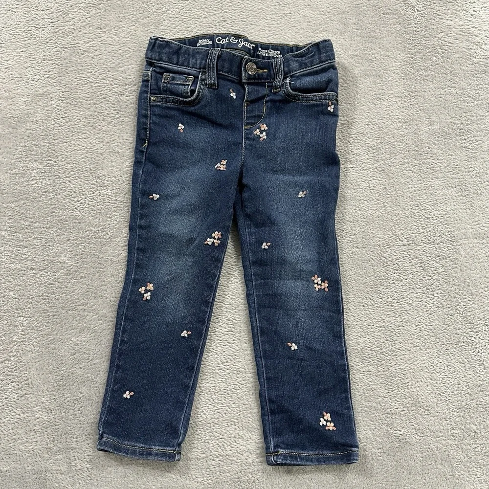 Cat & Jack Floral Jeans Girls Kids 3T Blue Skinny School Pockets Cute